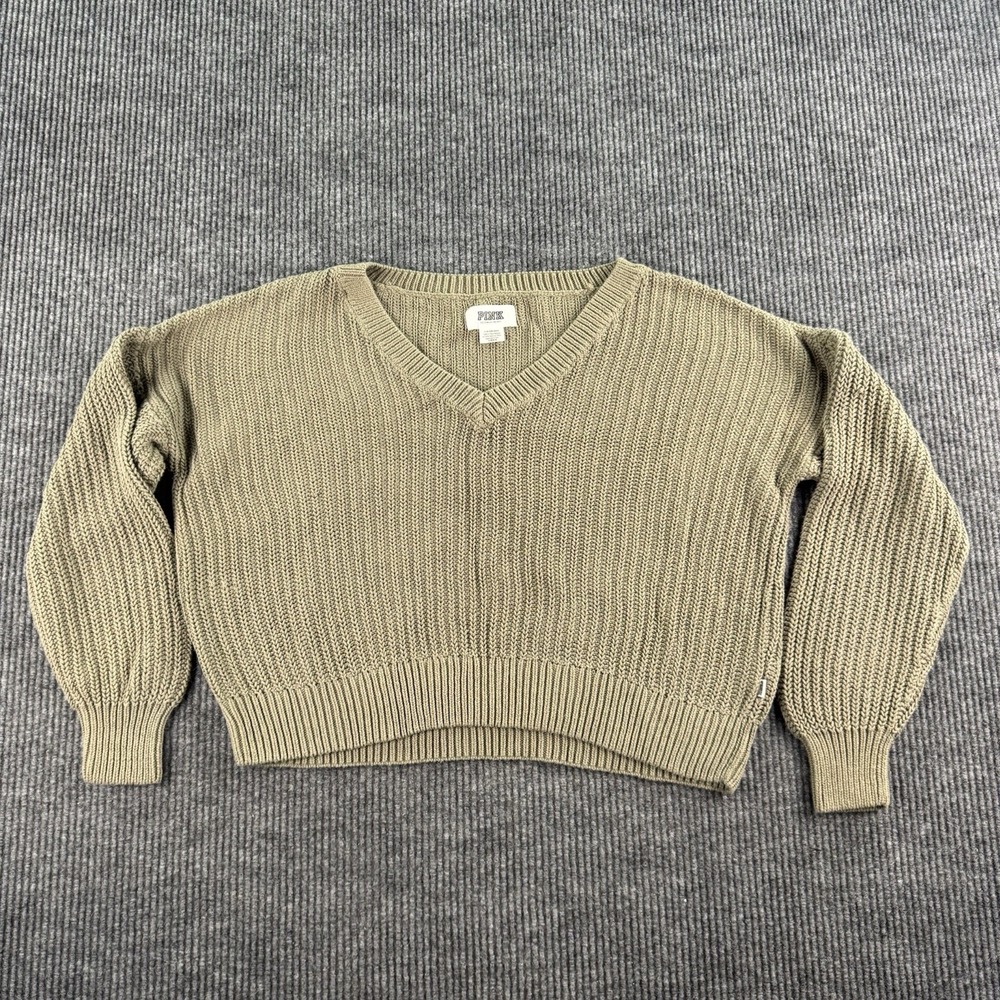 Vintage Victoria's Secret PINK Cable Knit Sweater Women Large Olive Green Crop